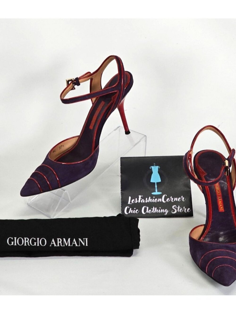 Giorgio Armani Women's Purple/Red Suede Stiletto Heels Ankle Strap Size 7 101 - Picture 2 of 16
